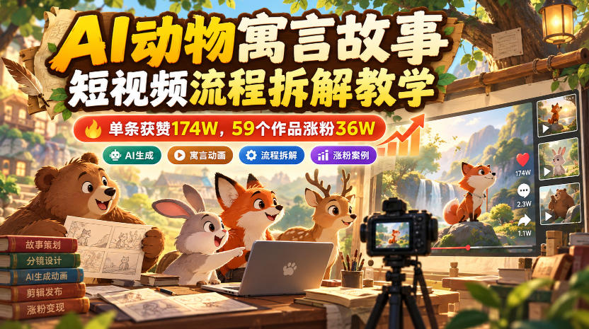 AI动物寓言故事短视频流程拆解教学,单条获赞174W,59个作品涨粉36W-橙心云网创