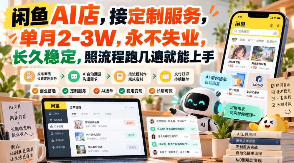 闲鱼AI店,接定制服务,单月2-3W,永不失业,长久稳定,照流程跑几遍就能上手-橙心云网创