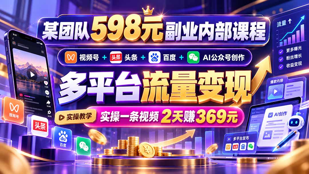 某团队598元副业内部课程:视频号+头条+百度+AI公众号创作、多平台流量变现,实操一条视频2天赚369元-橙心云网创