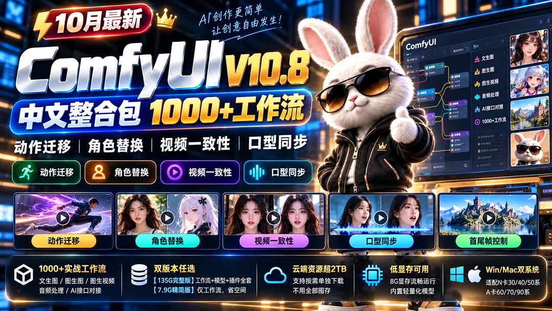 10月最新ComfyUI V10.8中文整合包 1000+工作流 动作迁移 角色替换 视频一致性 口型同步 低显存可用-橙心云网创