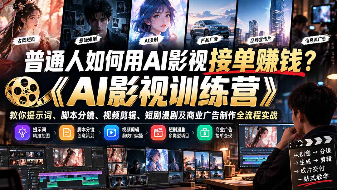 普通人如何用AI影视接单赚钱?《AI影视训练营》教你提示词、脚本分镜、视频剪辑、短剧漫剧及商业广告制作全流程实战-橙心云网创