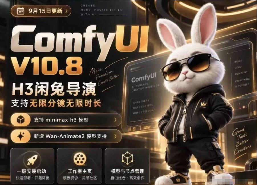 ComfyUI V10.8中文整合包，H3闲兔导演，支持无限分镜无限时长，1000+工作流，动作迁移，角色替换，视频一致性，口型同步，低显存可用-橙心云网创