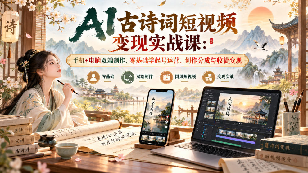 AI古诗词短视频变现实战课：手机+电脑双端制作，零基础学起号运营、创作分成与收徒变现-橙心云网创