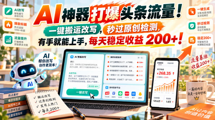 AI神器打爆头条流量,一键搬运改写,秒过原创检测,有手就能上手,每天稳定收益200+!【揭秘】-橙心云网创