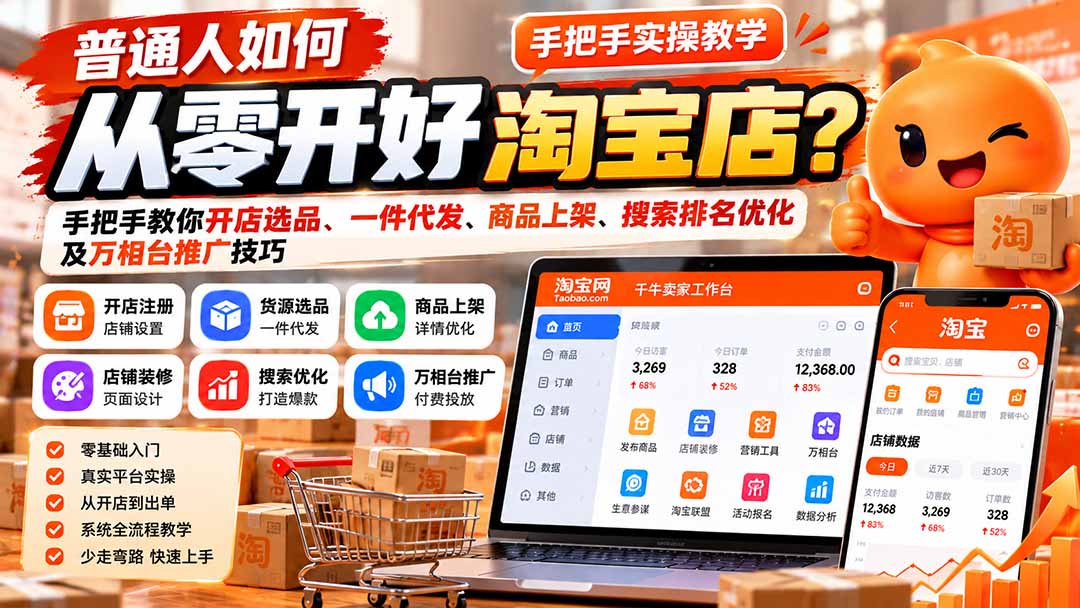 普通人如何从零开好淘宝店?手把手教你开店选品、一件代发、商品上架、搜索排名优化及万相台推广技巧-橙心云网创