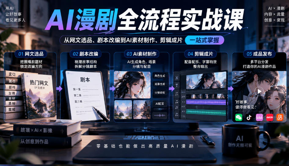 AI漫剧全流程实战课，覆盖从网文选品、剧本改编到AI素材制作、剪辑成片的完整链路-橙心云网创