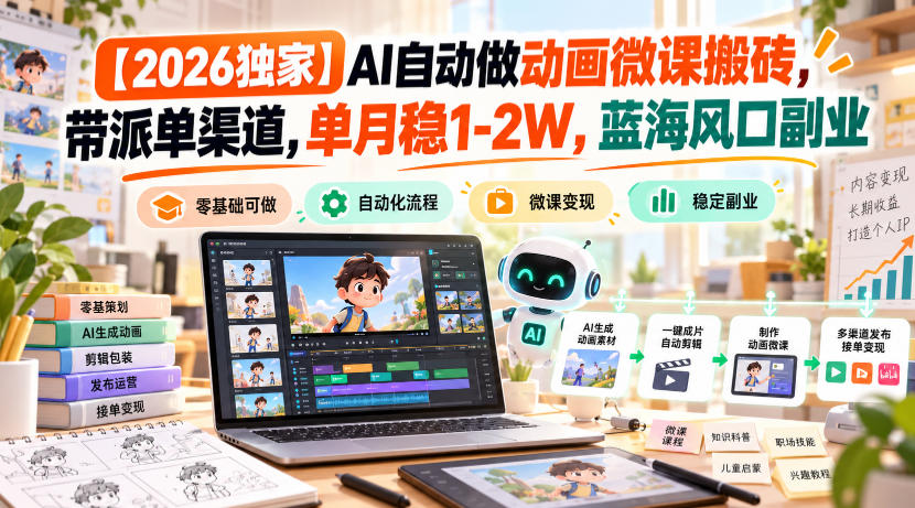 【2026独家】AI自动做动画微课搬砖,带派单渠道,单月稳1-2W,蓝海风口副业【揭秘】-橙心云网创