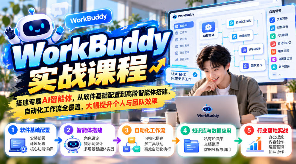 WorkBuddy实战课程,搭建专属AI智能体,从软件基础配置到高阶智能体搭建、自动化工作流全覆盖,大幅提升个人与团队效率-橙心云网创