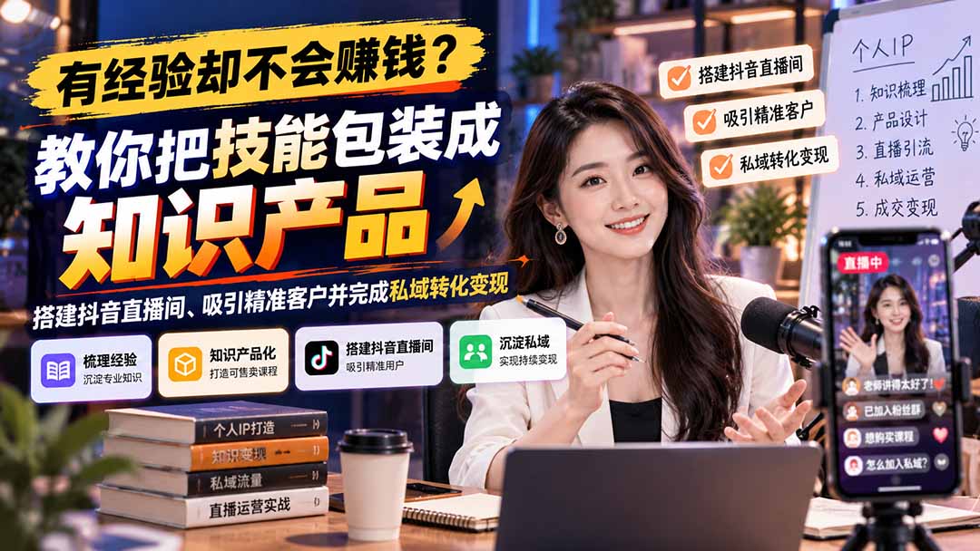 有经验却不会赚钱?教你把技能包装成知识产品,搭建抖音直播间、吸引精准客户并完成私域转化变现-橙心云网创
