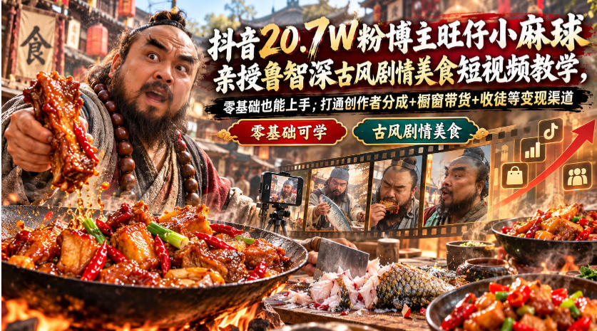 抖音20.7W粉博主旺仔小麻球亲授鲁智深古风剧情美食短视频教学,零基础也能上手,打通创作者分成+橱窗带货+收徒等变现渠道-橙心云网创