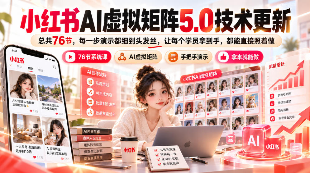 小红书AI虚拟矩阵5.0技术更新，总共76节，每一步演示都细到头发丝，让每个学员拿到手，都能直接照着做-橙心云网创