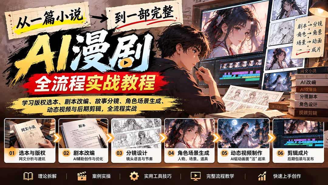 从一篇小说到一部完整AI漫剧:学习版权选本、剧本改编、故事分镜、角色场景生成、动态视频与后期剪辑-橙心云网创