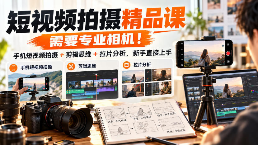 短视频拍摄精品课,需要专业相机!手机短视频拍摄+剪辑思维+拉片分析,新手直接上手-橙心云网创