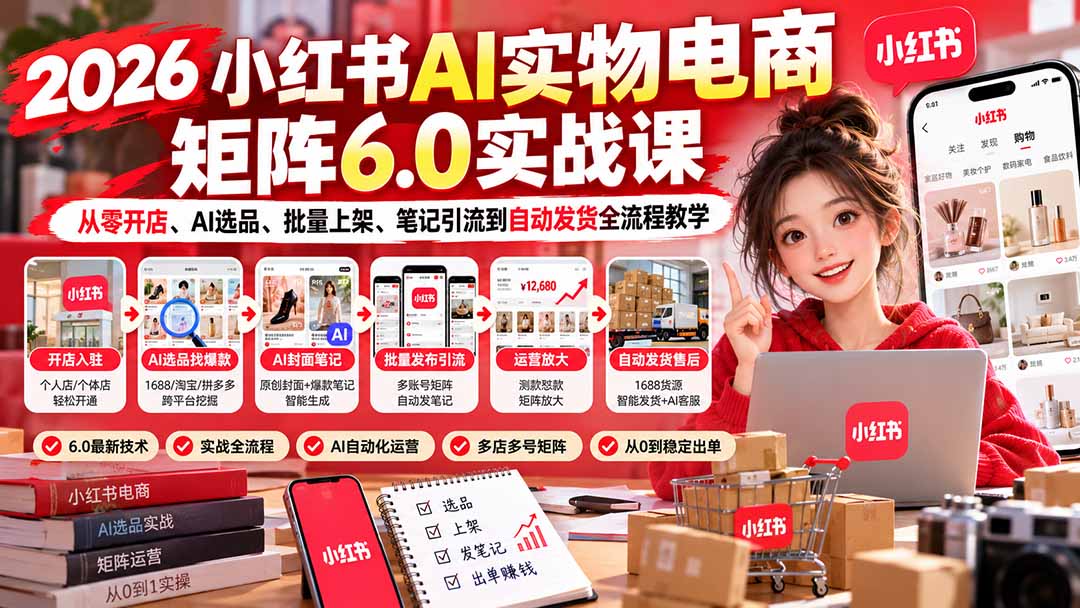 2026小红书AI实物电商矩阵6.0实战课：从零开店、AI选品、批量上架、笔记引流到自动发货全流程教学-橙心云网创