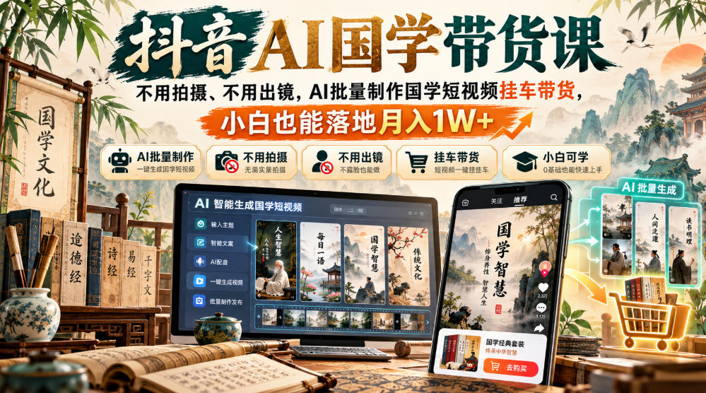 抖音AI国学带货课，不用拍摄、不用出镜，AI批量制作国学短视频挂车带货，小白也能落地月入1W+-橙心云网创