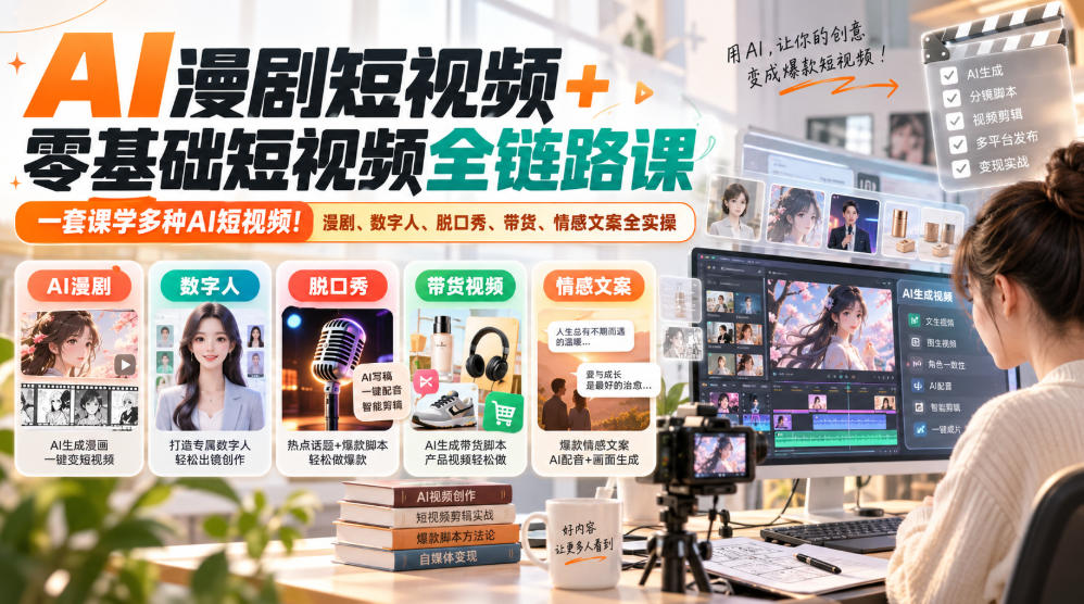 AI漫剧短视频+零基础短视频全链路课,一套课学多种AI短视频!漫剧、数字人、脱口秀、带货、情感文案全实操-橙心云网创