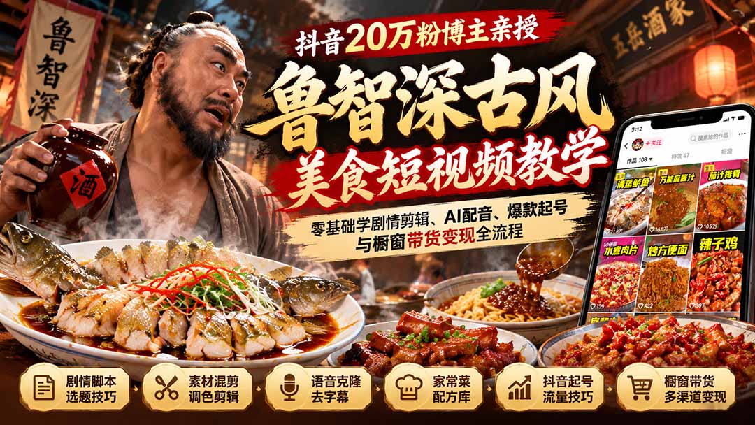 抖音20万粉博主亲授鲁智深古风美食玩法：零基础学剧情剪辑、AI配音、爆款起号与橱窗带货变现全流程-橙心云网创