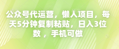 公众号代运营，懒人项目，每天5分钟复制粘贴，日入3位数 ，手机可做-橙心云网创
